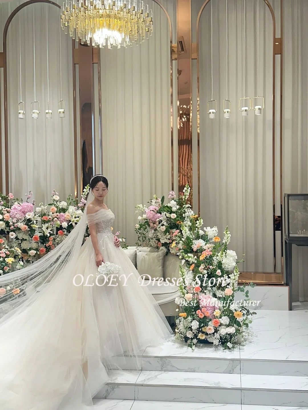 فساتين زفاف OLOEY مكشوفة الكتفين كوريا لحفلات الزفاف من التل اللامع برباط علوي فستاين سهرة/فساتين الحفلات مخصصة فساتين العروس الجميلة مقاس كبير