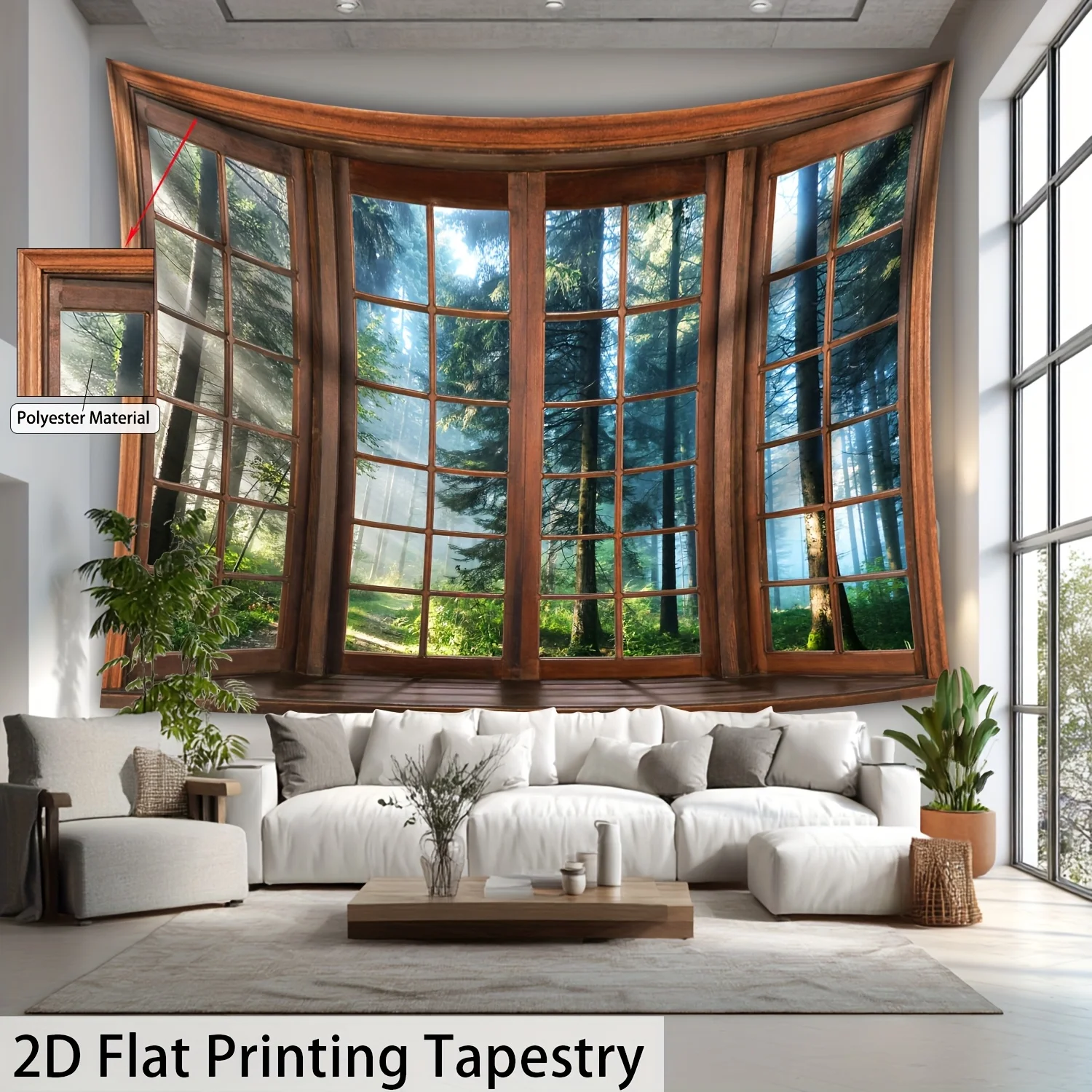Wood Frame Window Tapestry, Misty Forest View Print, Nature Scenery Wall Art for Home Dorm Decor