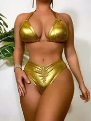 Metallic Gold Bikini Micro String Extrem Backless Swimsuit Women Y2K Trend Brazil Push Up Beach Bathing Swimwear Vacation Outfit