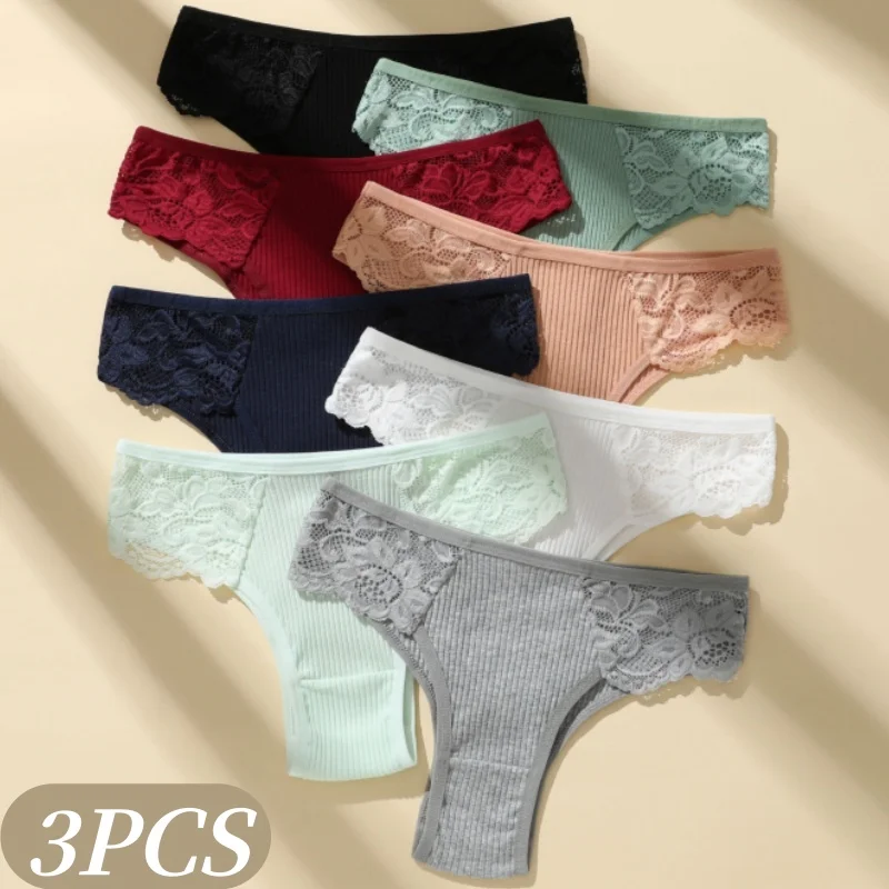 3-teiliges Set Damen Baumwoll-Slips Brasilianische Unterwäsche mit Blumenspitze Patchwork-Slips Damenunterwäsche Sexy Dessous Intimwäsche S-L