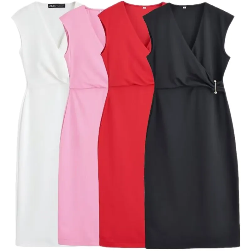 فستان صيفي 2025 نسائي متعدد الاستخدامات مزين بدبابيس، فستان متوسط الطول بخط عنق على شكل حرف V، أنيق وعصري، قطعة واحدة أنيقة.