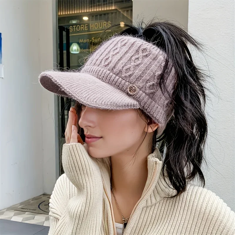 Autumn and Winter Women's Warm Knitted Ponytail Sunshade Hat - Thick Warm Earcup Baseball Hat with Adjustable Shoulder Straps