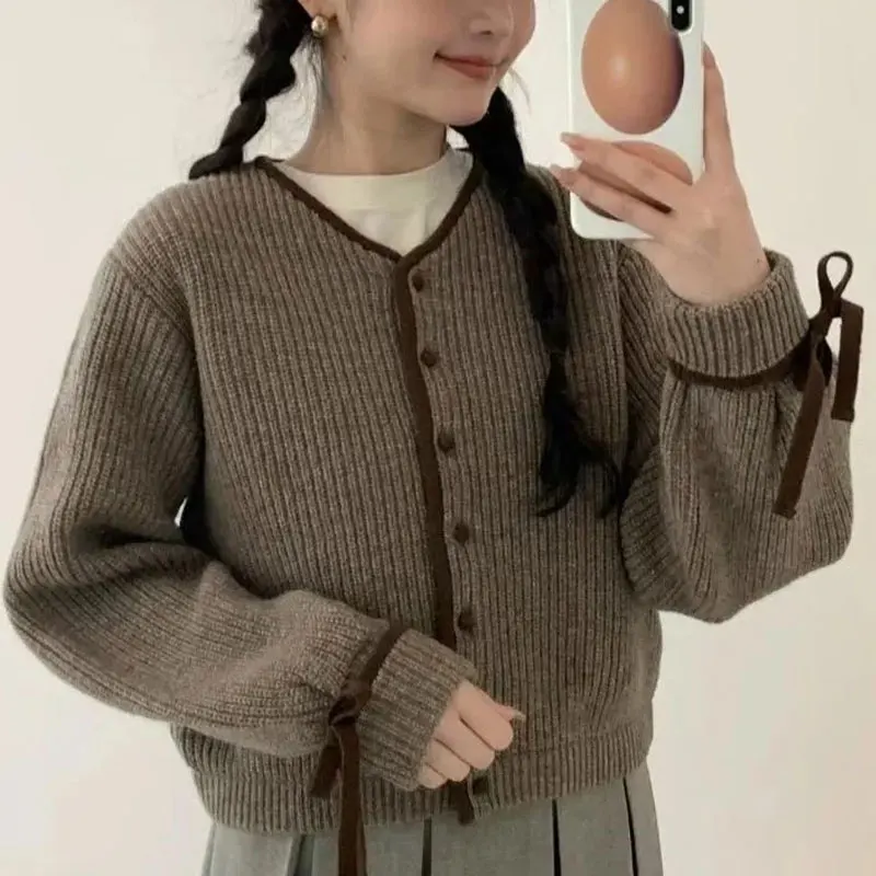 Female Clothing Vintage Chic Bow Cardigan Commute V-Neck Loose Autumn Winter Solid Color Casual Single-breasted Knitted Sweaters