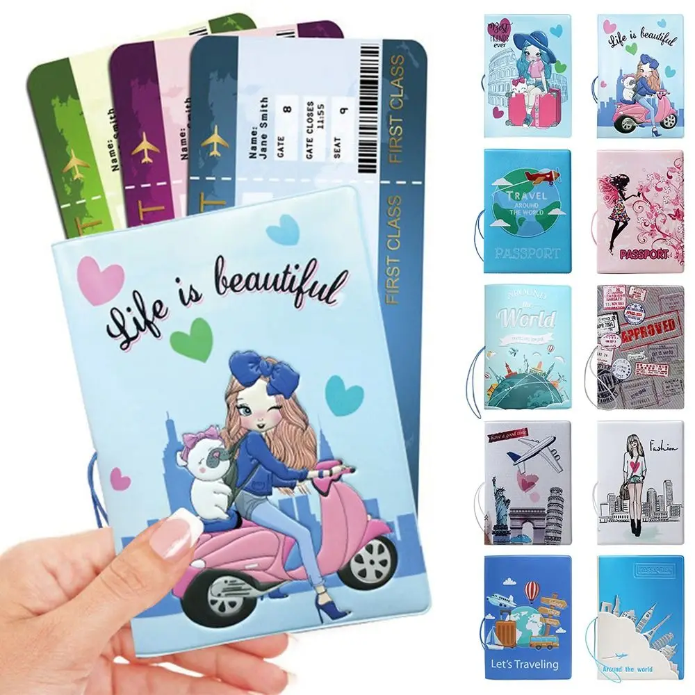 Creative Cartoon Girl Passport Cover PU Waterproof Certificate Protective Sheath Multi-function Protection Ticket Clamp Unisex