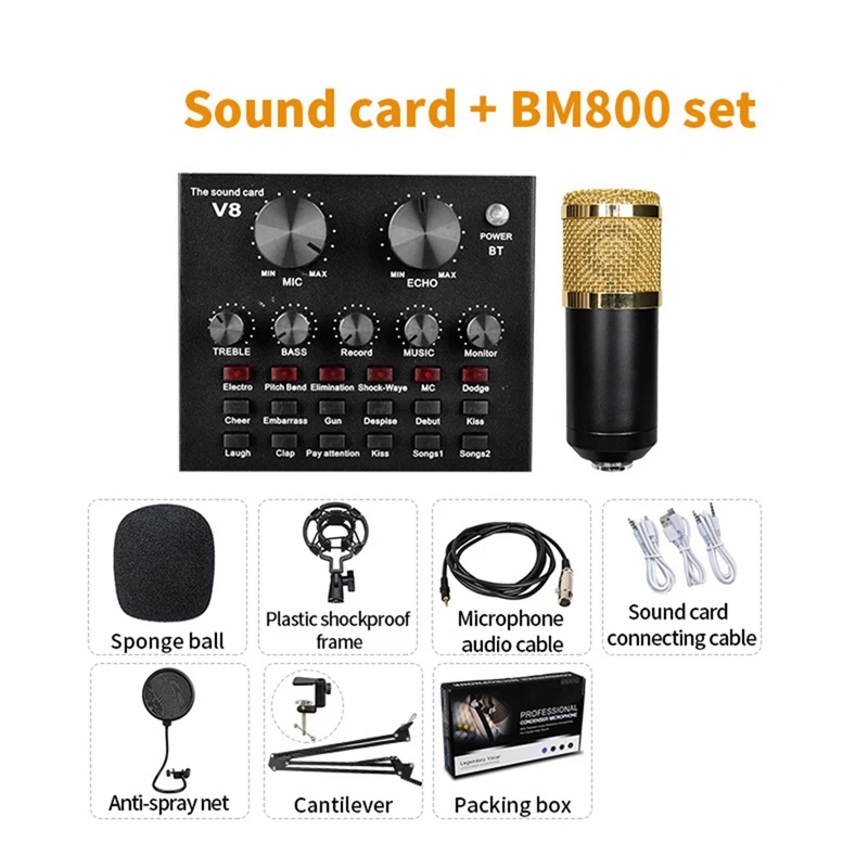 BM-800+V8 Sound Card Kit Replacement Podcast Equipment Bundle Voice Network Karaoke Diaphragm Condenser Microphone Karaoke Kit