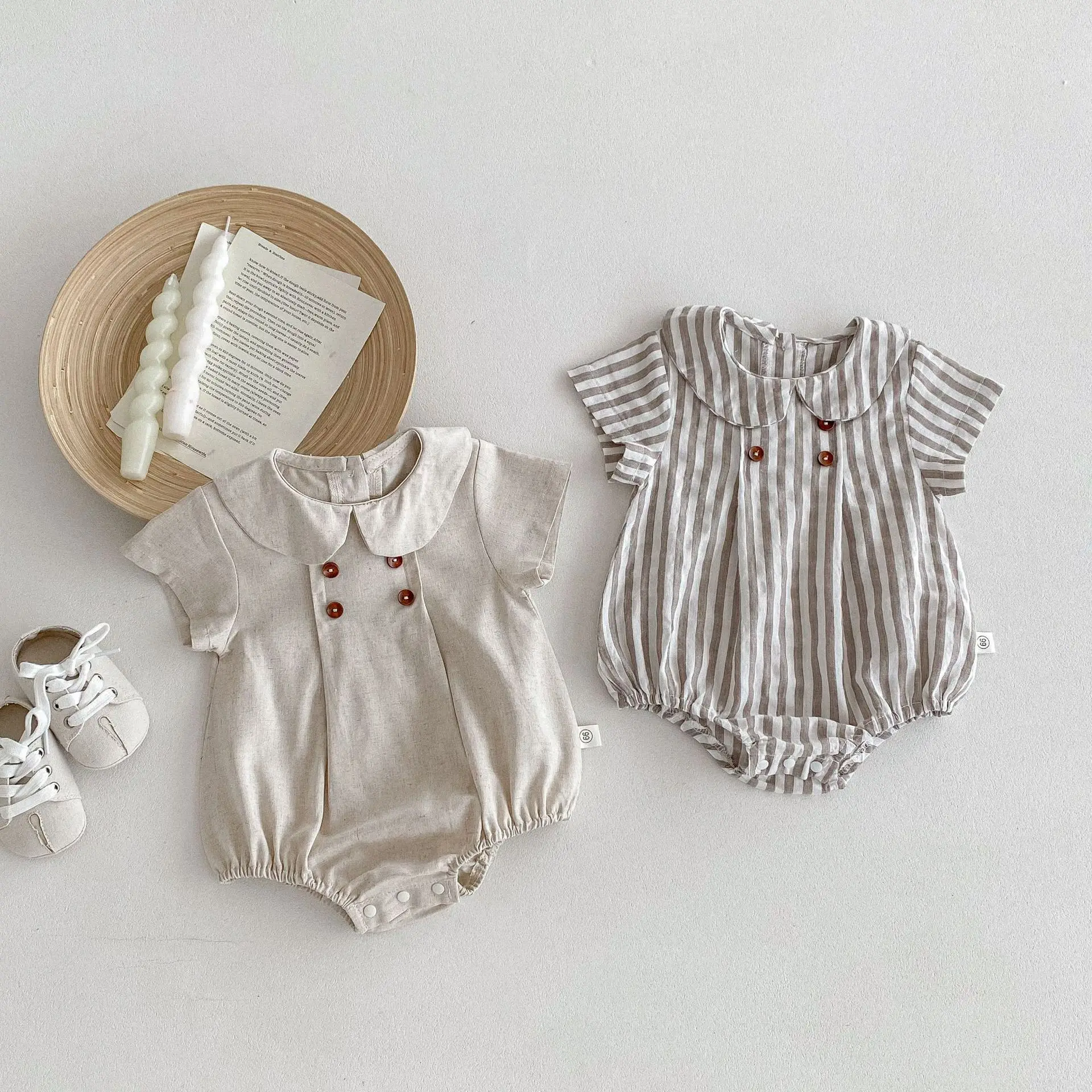 

2025 Summer New Baby Short Sleeve Bodysuit Solid Infant Girl Cute Lapel Striped Jumpsuit Newborn Cotton Casual Clothes 0-24M