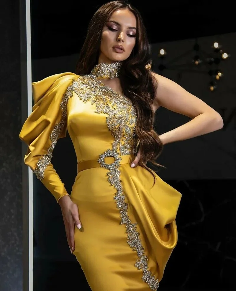 Elegante sereia vestido de noite feminino, gola alta, apliques sensuais, vestidos de baile com um ombro, festa formal de celebridades, vestidos Dubai