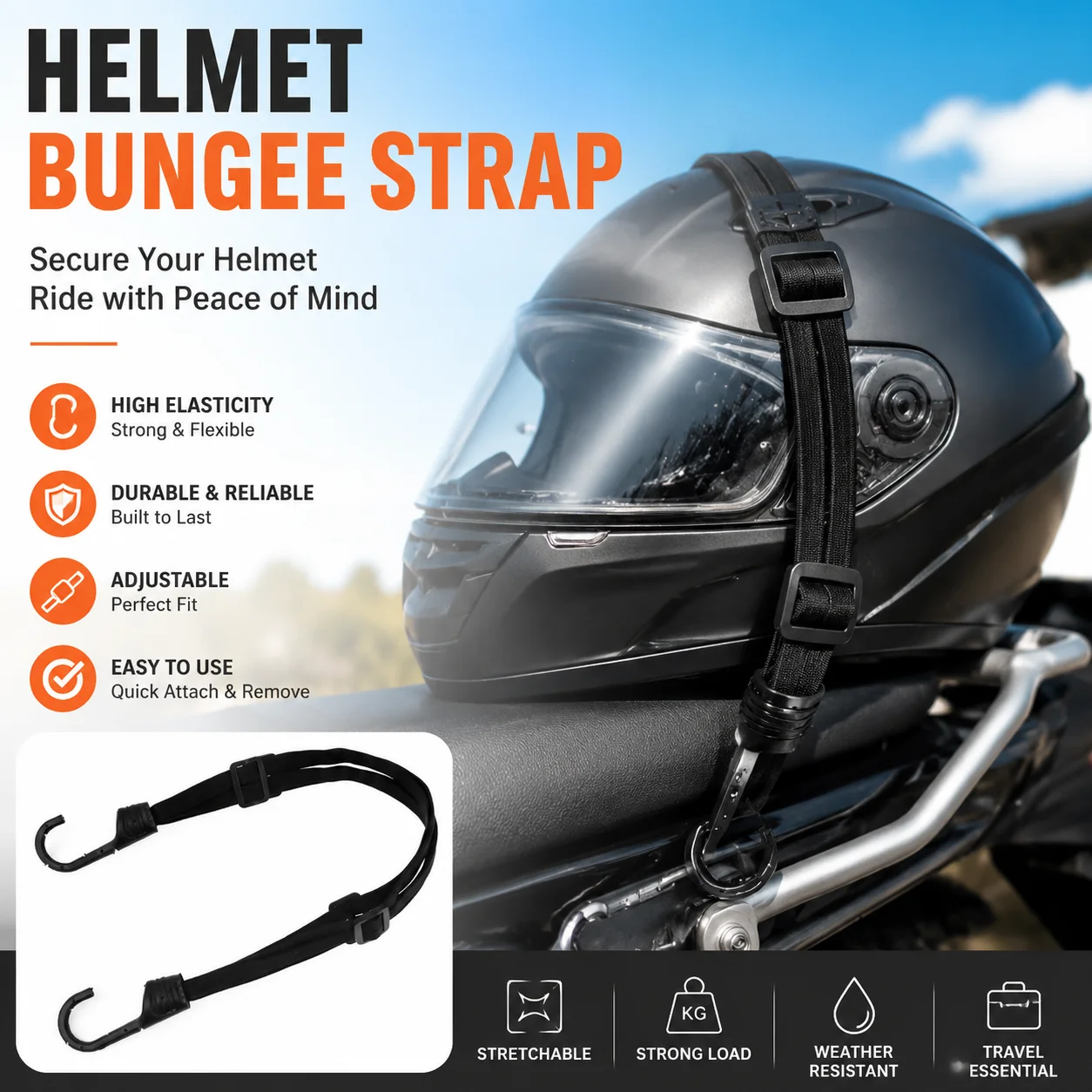Motorcycle Back Seat Helmet Strips Elastic Rope Motorcycle Helmet Fixed Strap Adjustment Fix Rope Goods Strap with Hook