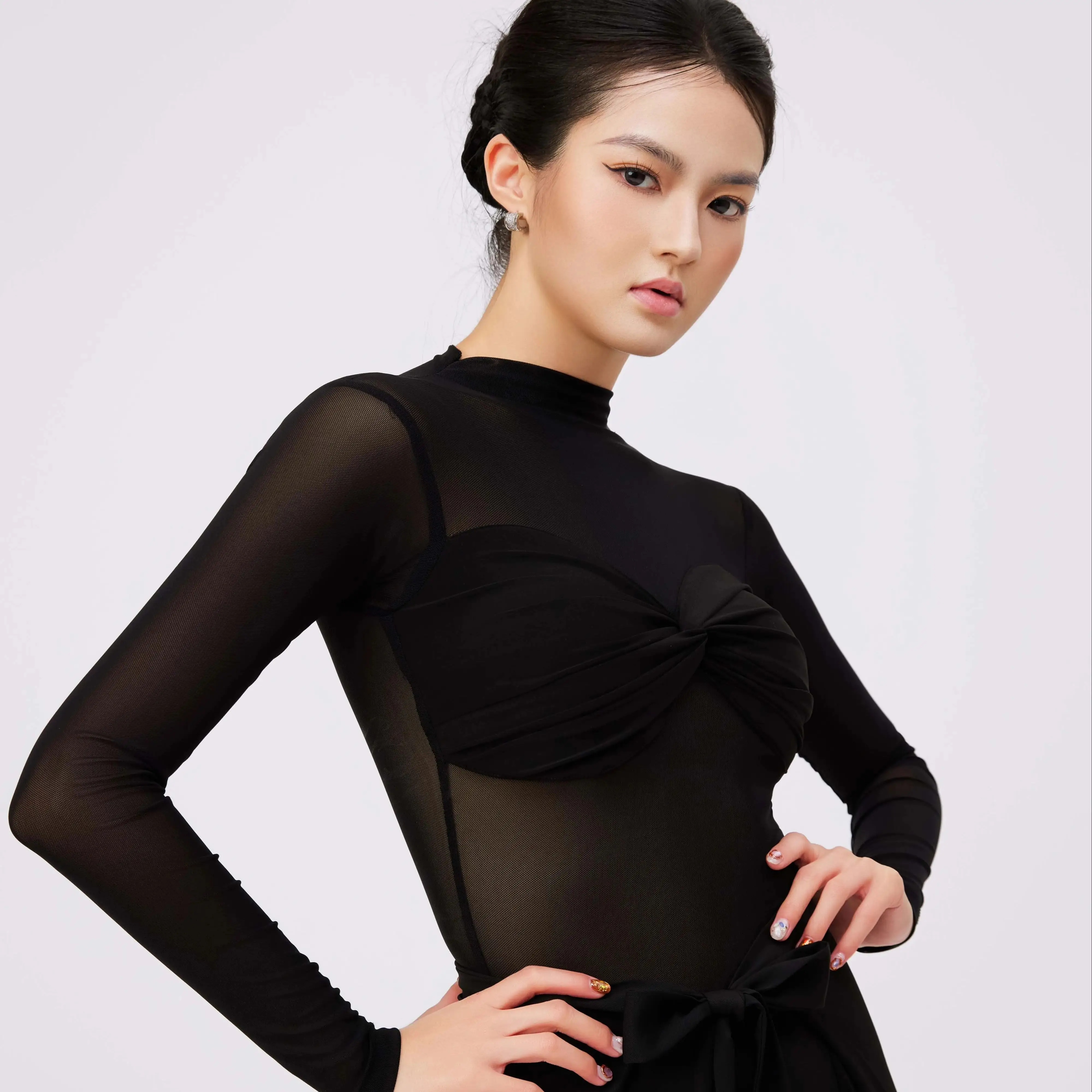 Ropa de baile moderna para mujer, Top con perspectiva de malla de manga larga, Chacha, Rumba, Tango, trajes de baile de salón latino, DN22328