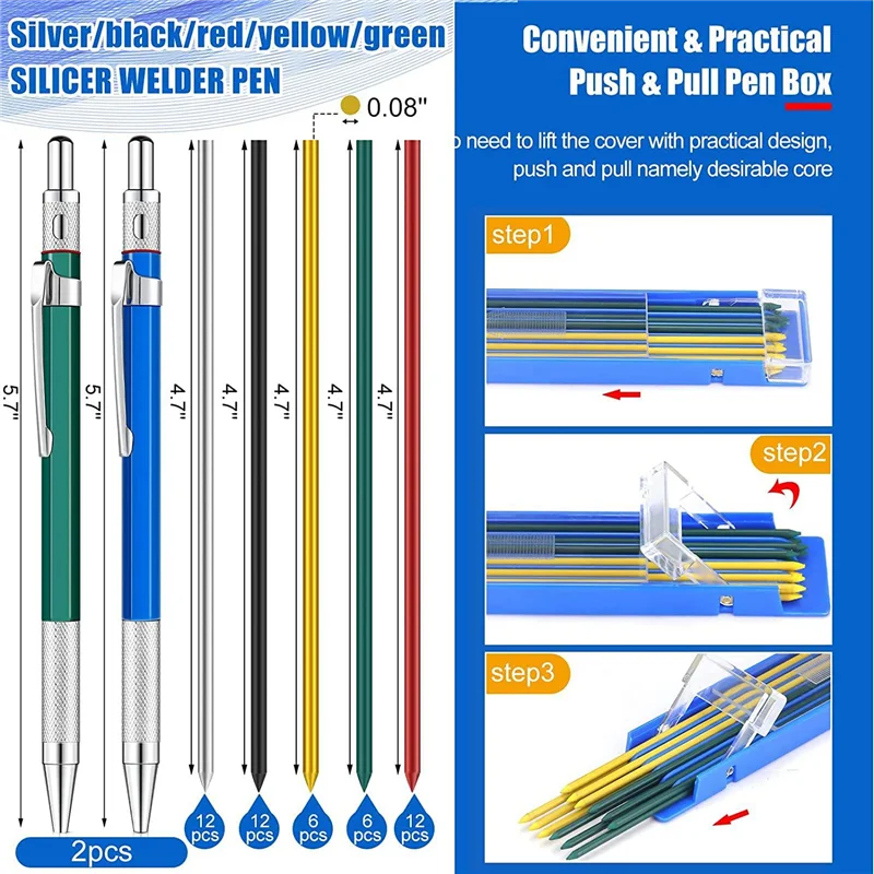 Gfc-2 Pcs Welders Pencil with 48 PCS Round Refills Mechanical Pencils Metal Welding Marker for Tube Pipe Fitter Welder