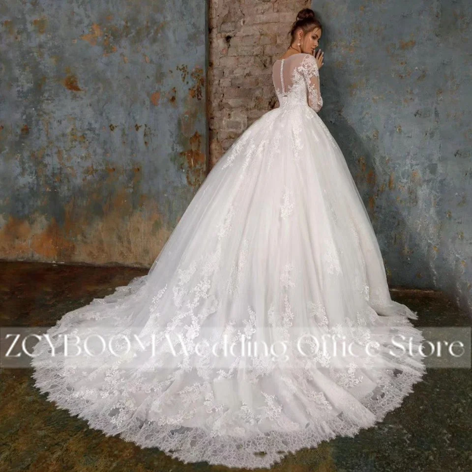 Wunderschöne lange Ärmel A-Linie Brautkleider für Frauen 2025, elegante Illusion, O-Ausschnitt, Tüll-Applikationen, Brautkleider, Vestido De Noiva