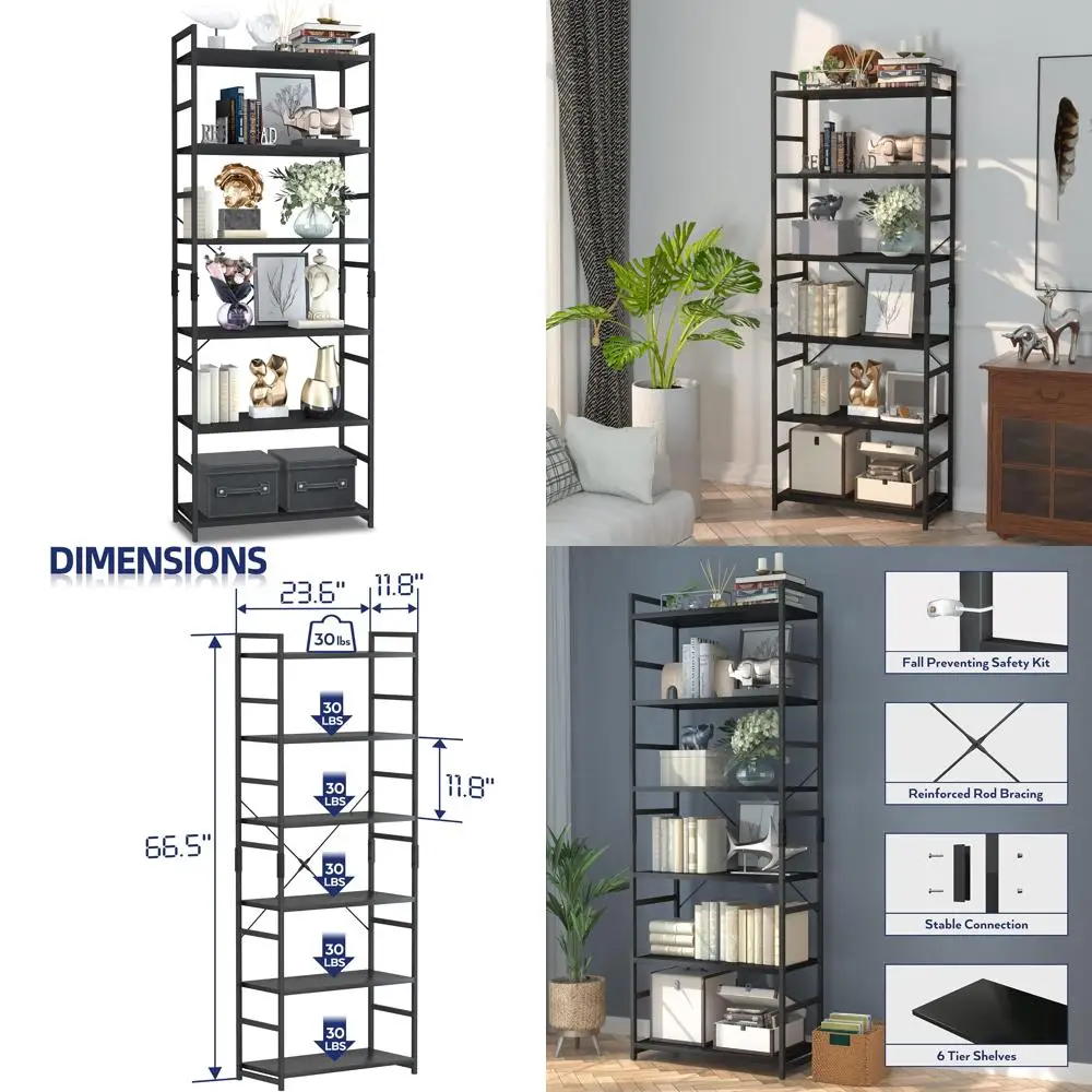 6-Tier Contemporary Bookshelf, High Storage Organizer, Stylish Shelving Unit for Home, Office, and Living Spaces, Black
