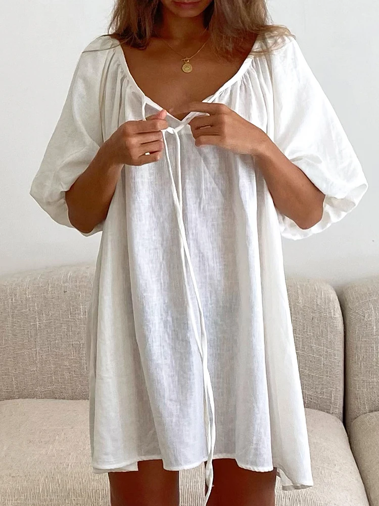 HiLoc Mid-Calf Nightgown Woman Dress Cotton Linen Lantern Sleeve Night Dress Women Nightwear White V-Neck Nightdress 2024 Summer