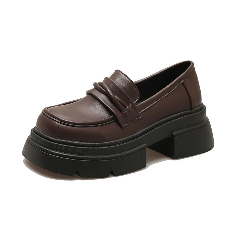 

Women Loafers Dress Shoes 2025 Autumn Women's Thick Soled Block Heel Loafers British Slip On Leather Shoes Black Casual Flats