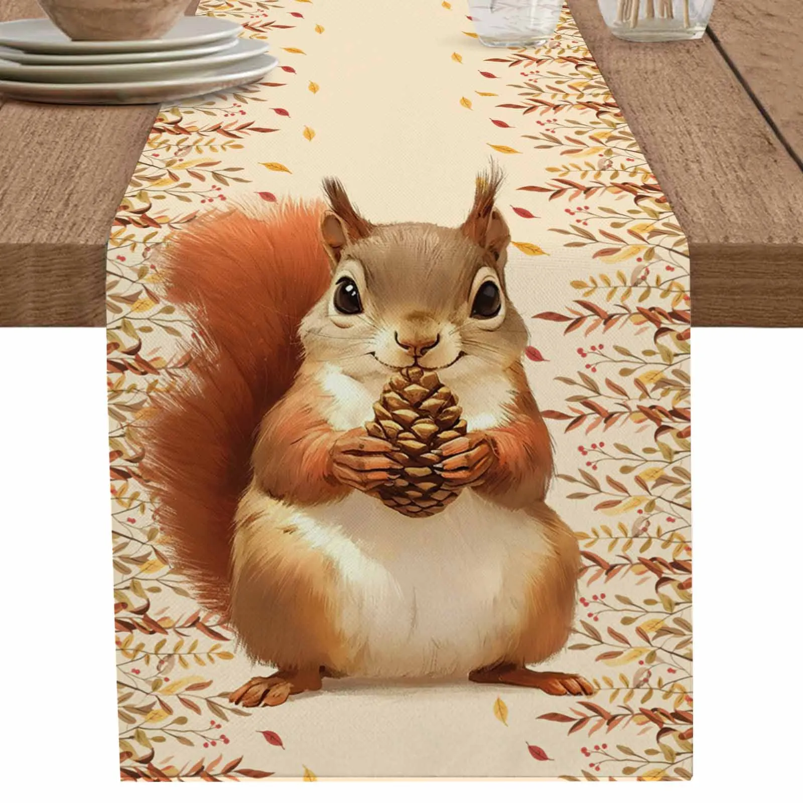 

1 PCS Autumn Thanksgiving Squirrel Pine Cone Table Runner Party Polyester Table Cover for Home Dining Decoration