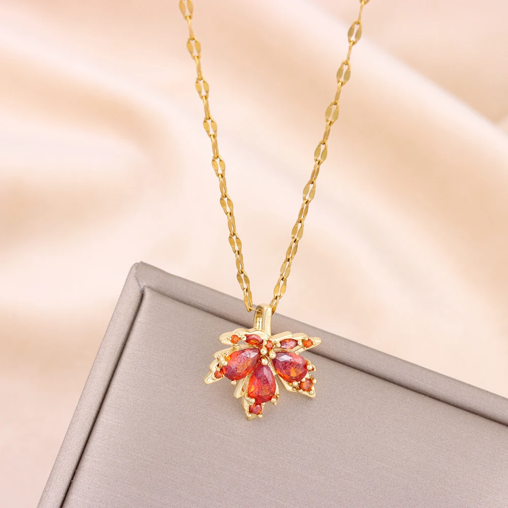 Women's Love Memory Red Maple Leaf Pendant Necklace