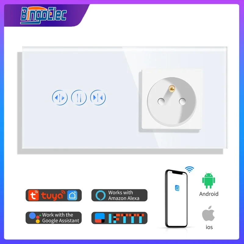 Bingoelec Wifi Touch Curtain Switches With Normal Poland FR Standard Sockets Crystal Glass Panel Sensor Switch for Smart Home