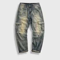 Loose 3D splicing high-quality jeans men's high street American fashion wide-leg tooling drag straight pants trend