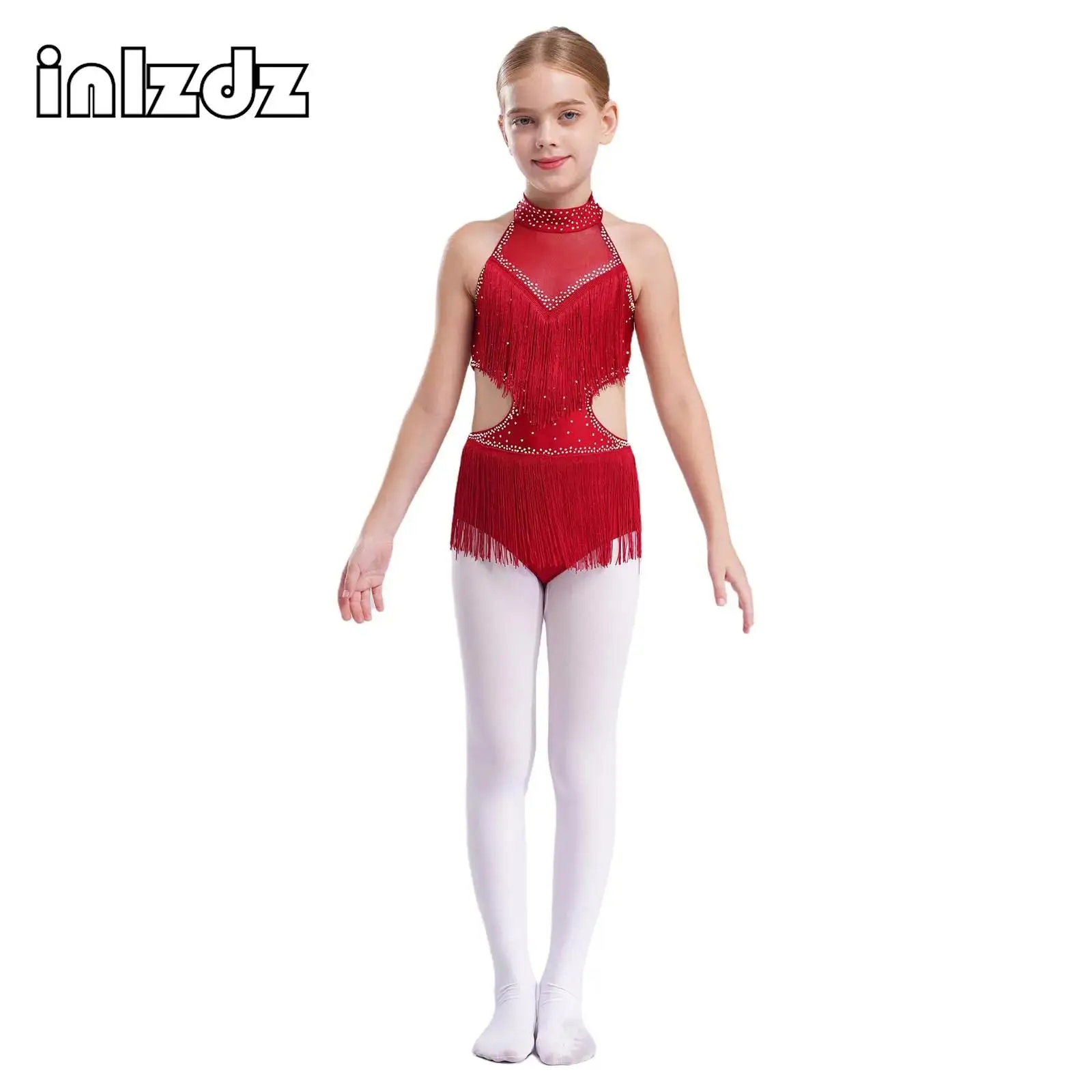 

Kids Girls Latin Dance Leotard Sleeveless Tassels Shiny Rhinestones Cutout Backless For Cha-Cha Tango Dance Stage Performances