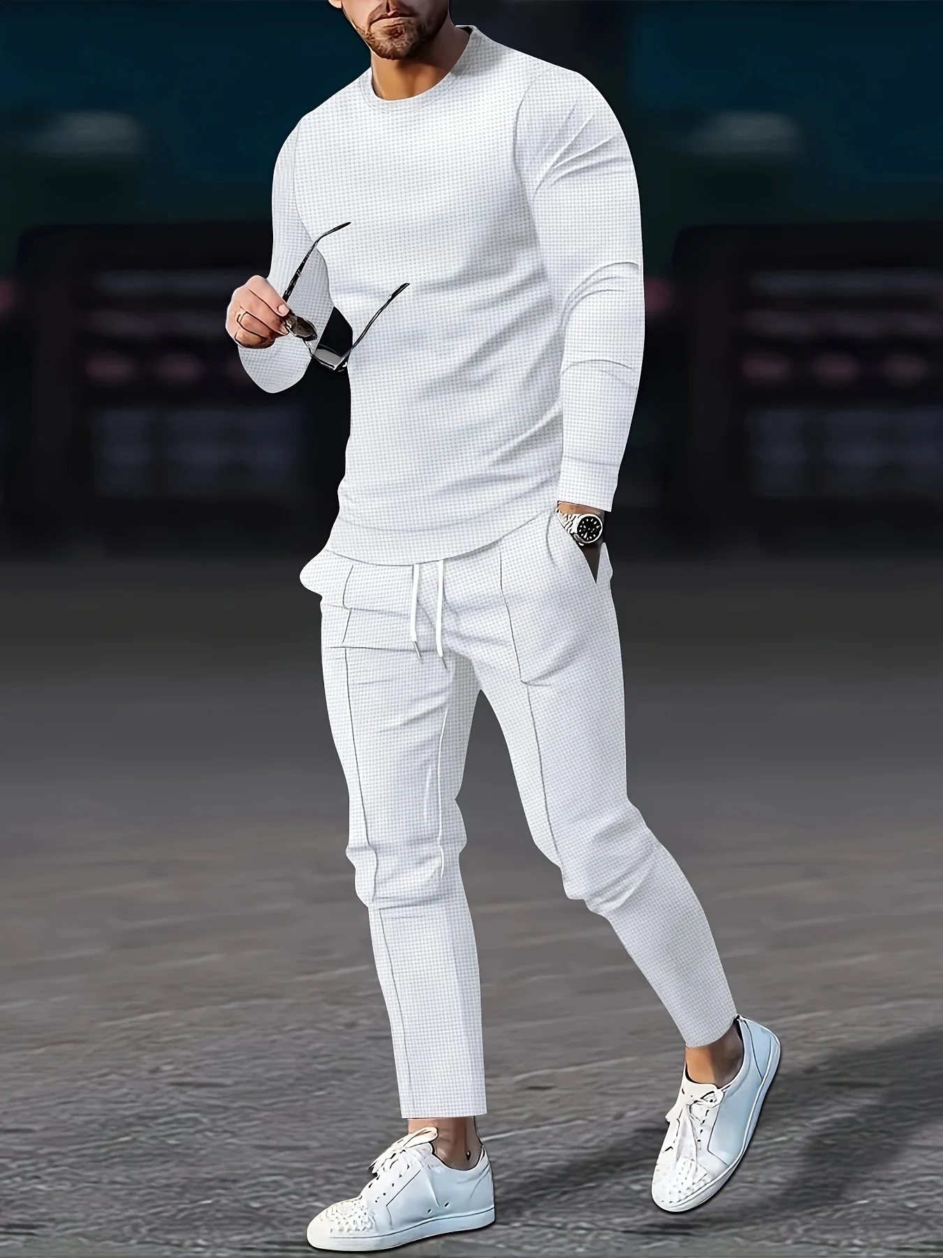 

Waffle Pattern Men's 2Pcs Outfits Casual Crew Neck Long Sleeve Pullover Sweatshirt And Sweatpants Joggers Set For Spring Fall