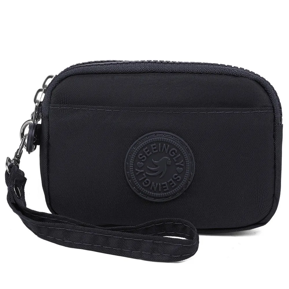 Portable Solid Color Women Wallet with Lanyard Waterproof Coin Purse Double Layer Nylon Zipper Clutch Ladies