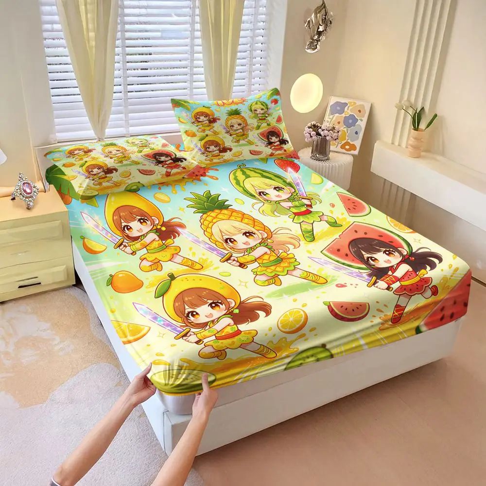 Fruit Theme Cartoon Girls Digital Print Fitted Sheet Set Bed Sheet Set Bedding Set No Fillers Summer Teen Bedroom Decor