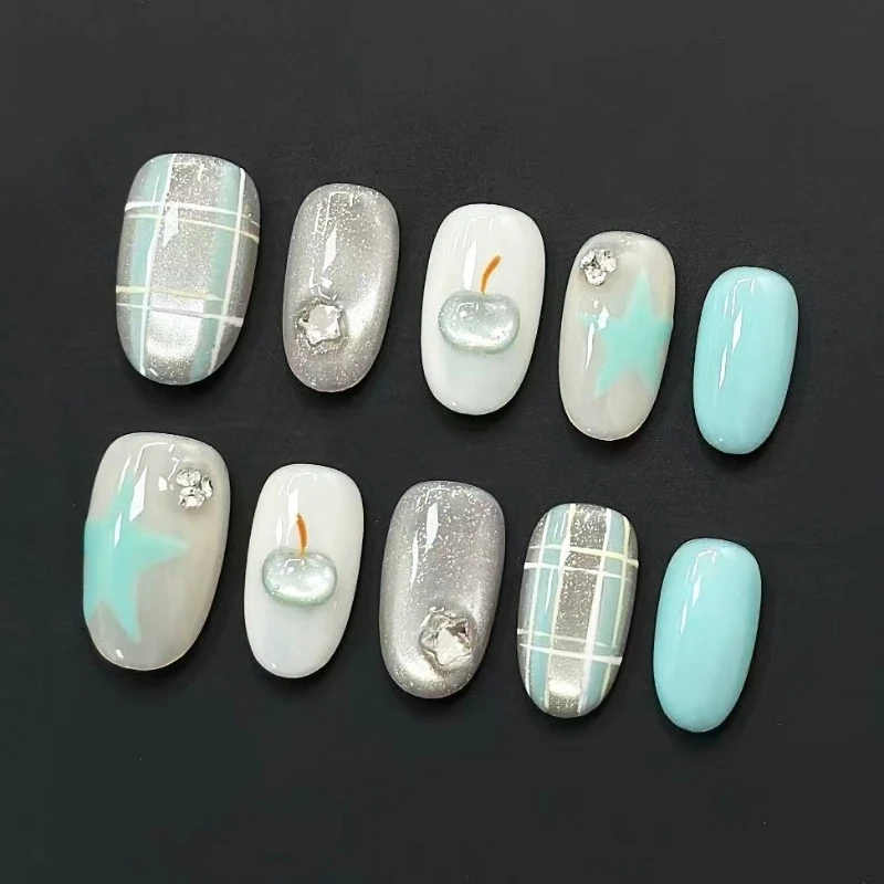 30pcs Press on Nails in Mint Green Checkered Apple Shaped Oval Design Perfect for Girls Everyday Wear or As A Gift for Friends
