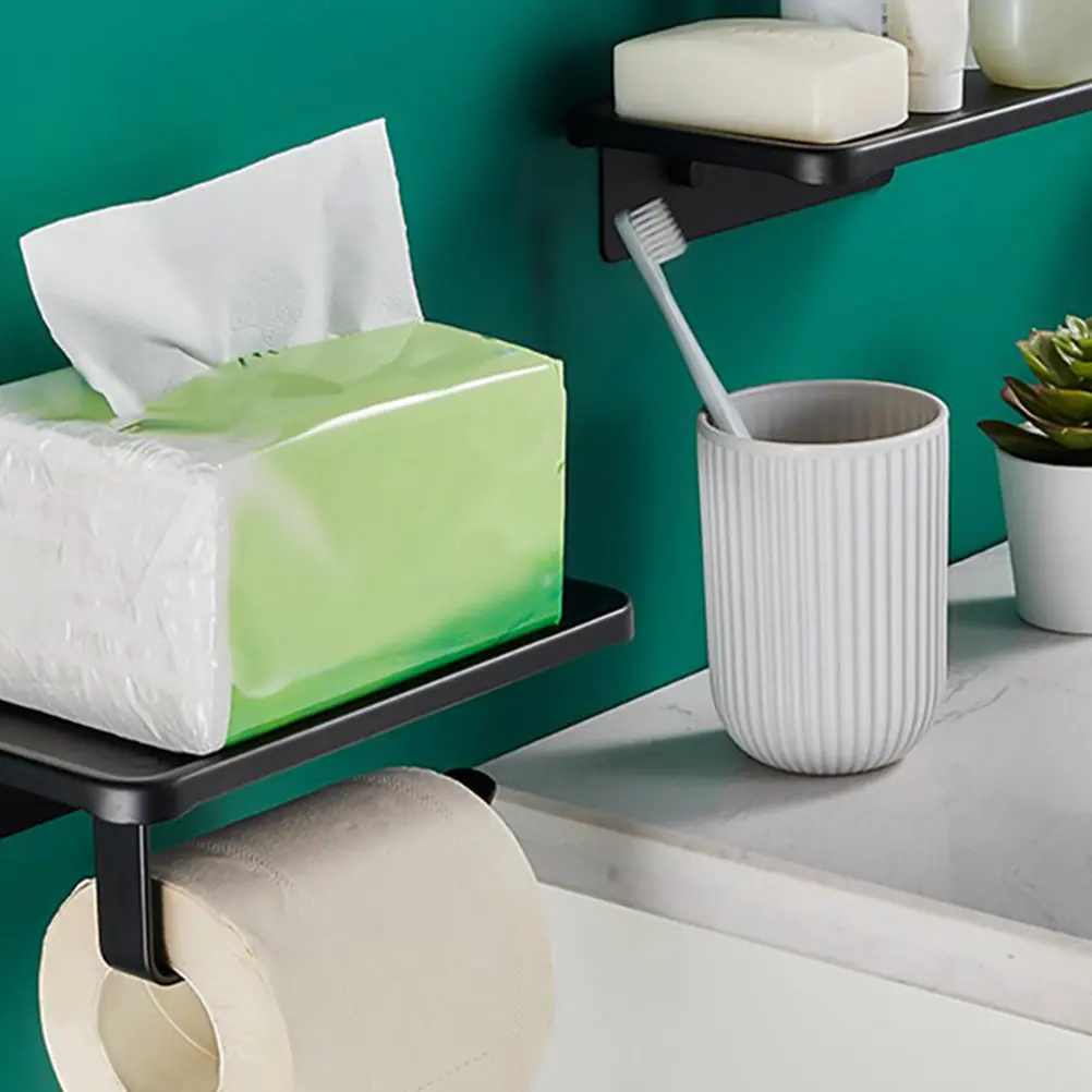 

1Pcs Roll Paper Holder Black Aluminum Alloy No Punching Wall-Mounted Bathroom Tissue Rack for Household Multi-Function Storage