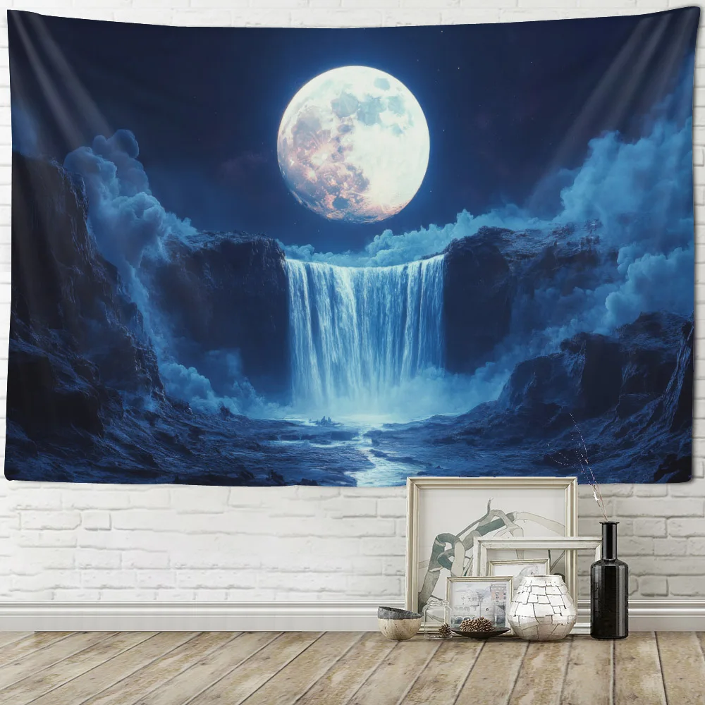 Waterfall Night Sky Tapestry Wall Hanging Cloth for Room Decoration Living Room Bedroom Party Background under the Stars Decor