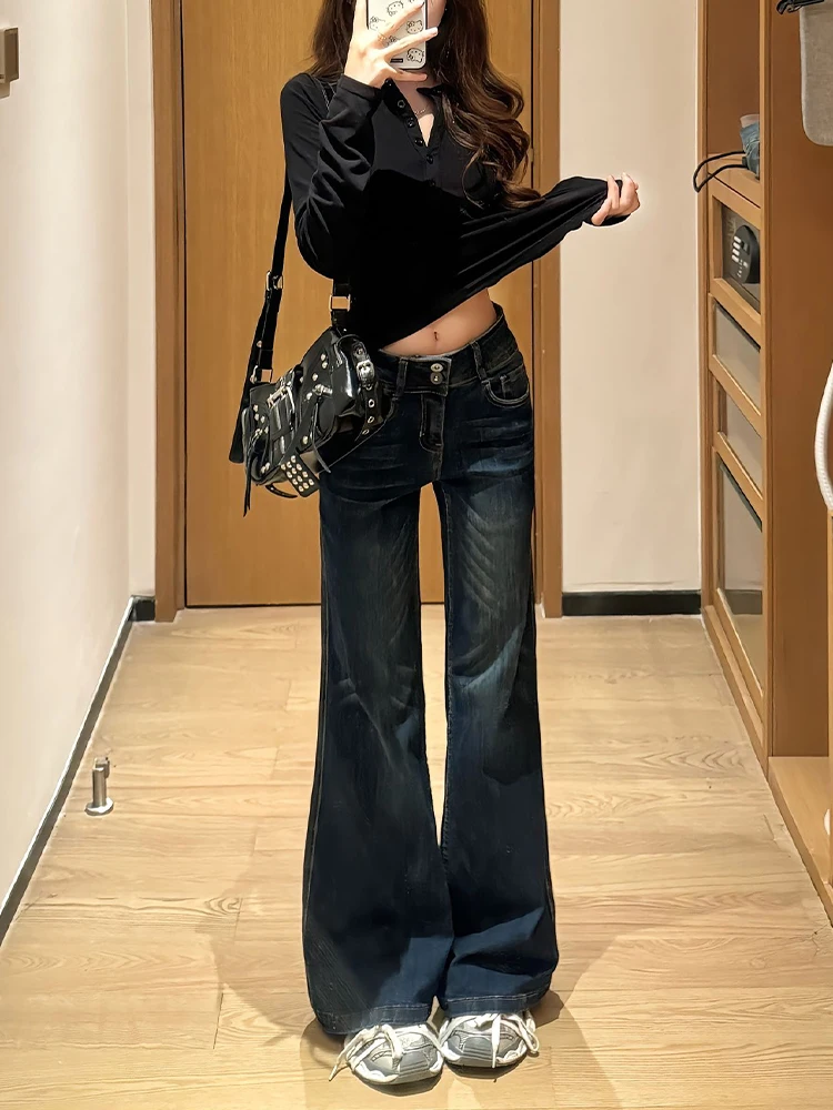 

Low Waist Bell Bot Denim Jeans Women's Spicy Sle Versatile Straight Leg Long Trousers Autumn New Arrival Blue Jeans