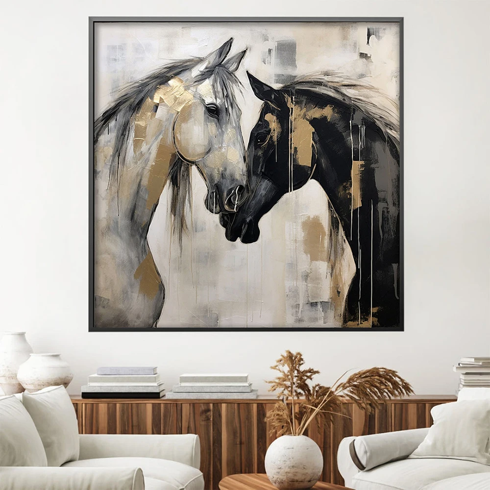 Hand Painted Oil Painting Horses White Black Gold Leaf Gold Textured Painting Living Room Acrylic Abstract Oil Painting Decor