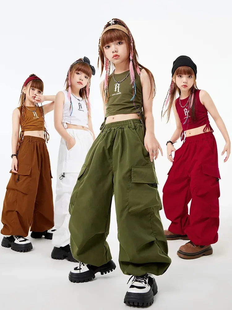 Kinder Jazz Mädchen Gruppenkostüm Kleidungsset Mädchen K-Pop Bühnen-Crop-Top Streetdance Einfarbige Cargo-Hose Kinder Hip-Hop Streetwear