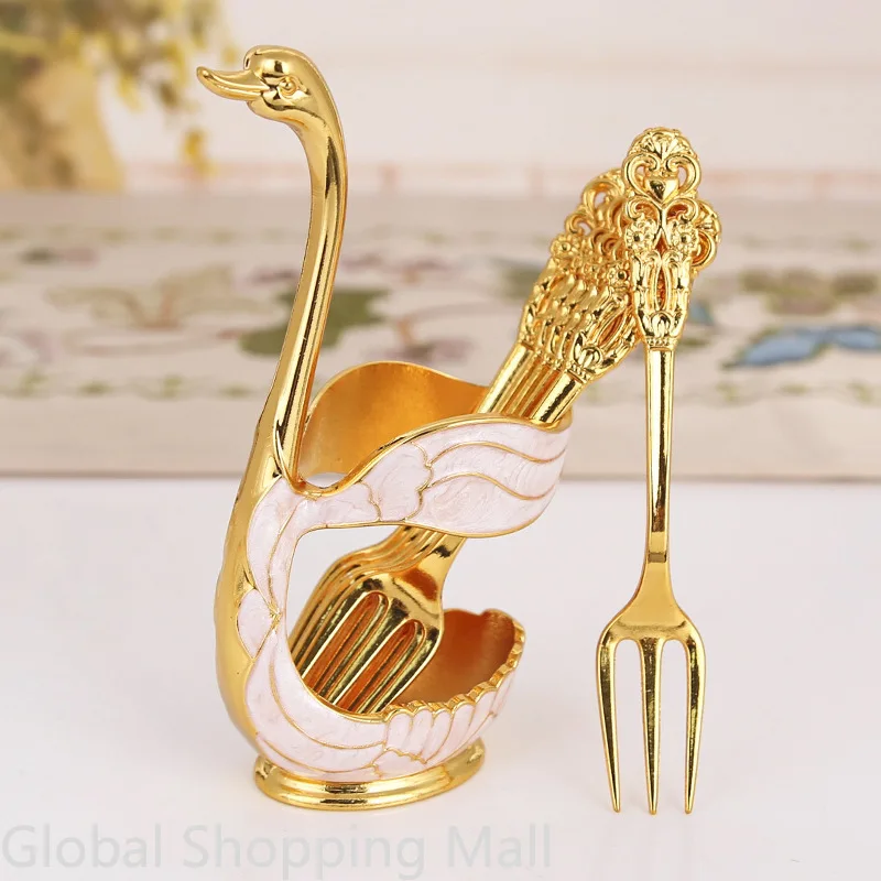 Creative Dinnerware Set with Decorative Swan Base Holder and 6 Spoons or Folks for Coffee Fruit Dessert Stirring Mixing