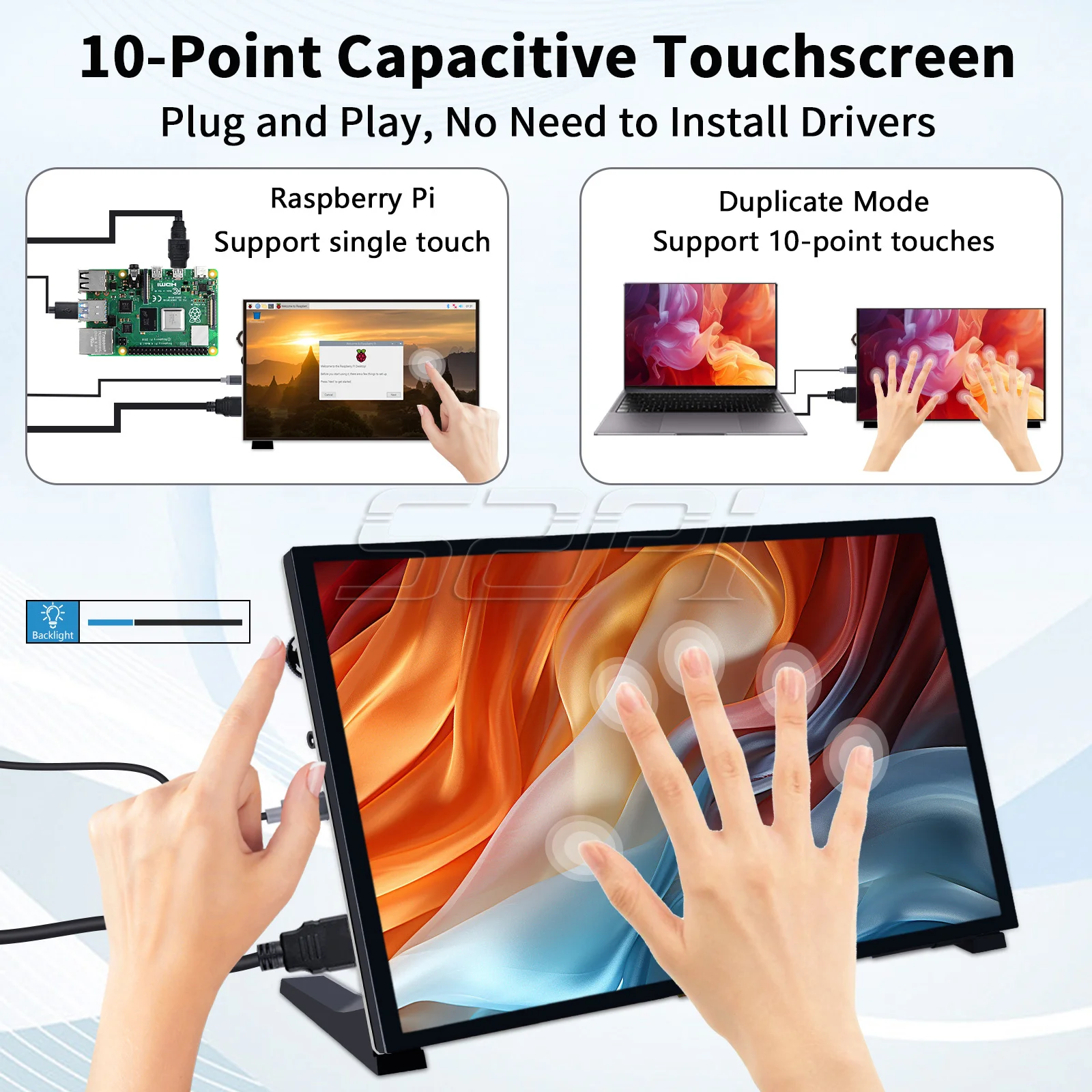 52Pi 10.1 inch IPS 1024x600 60Hz Portable Touch Screen Display with Brackets for Raspberry Pi and Windows PC