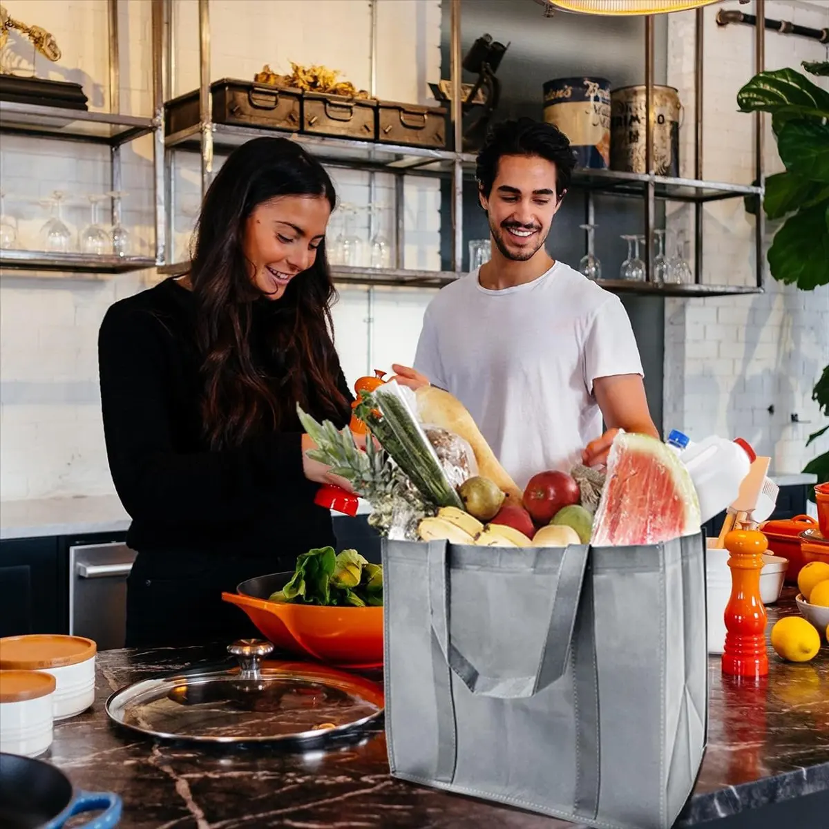 ABQR 35L Reusable Grocery Bags with Long Handles, 10 Pack Foldable Reusable Shopping Bags, Grocery Bulk Tote Bags Grey