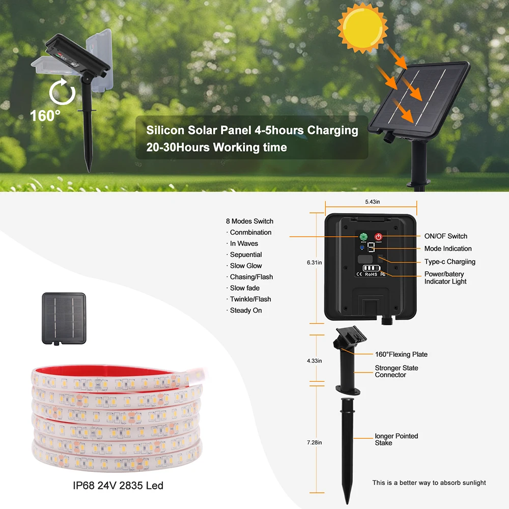 DC 24V LED Light Strip Solar 8 Modes 2835 120LED/m Waterproof White Red Green Blue Flexible Lamp IP68 Party Garden Outdoor Decor