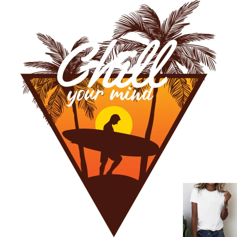 Tropical Coconut Tree Surfer Sunset Graphic Heat Transfer White Ink Iron - on Patch, Suitable for T - shirts & Canvas Bags,