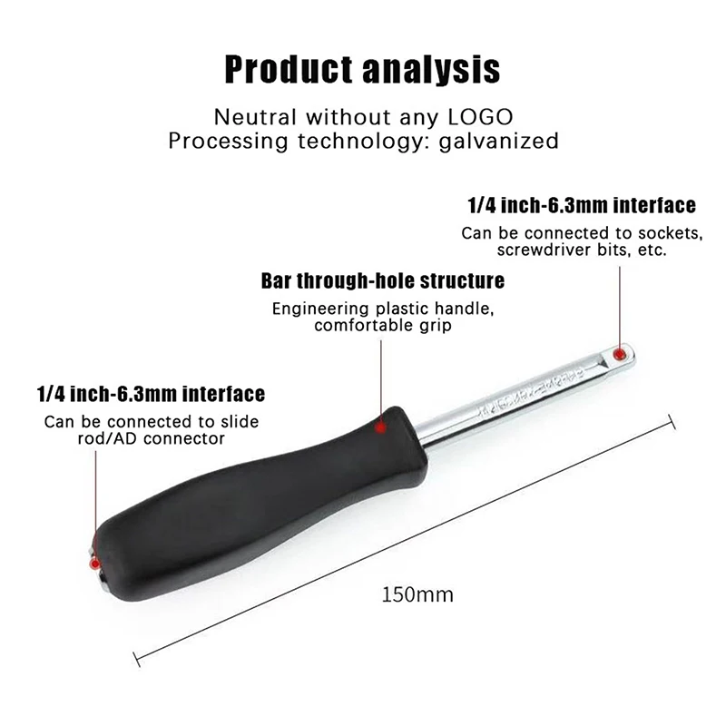 Kunci Soket Persegi Betina 150 MM 6.3MM 1/4-Inch Untuk Kunci Ratchet Kecil, Batang Geser, Konektor AD