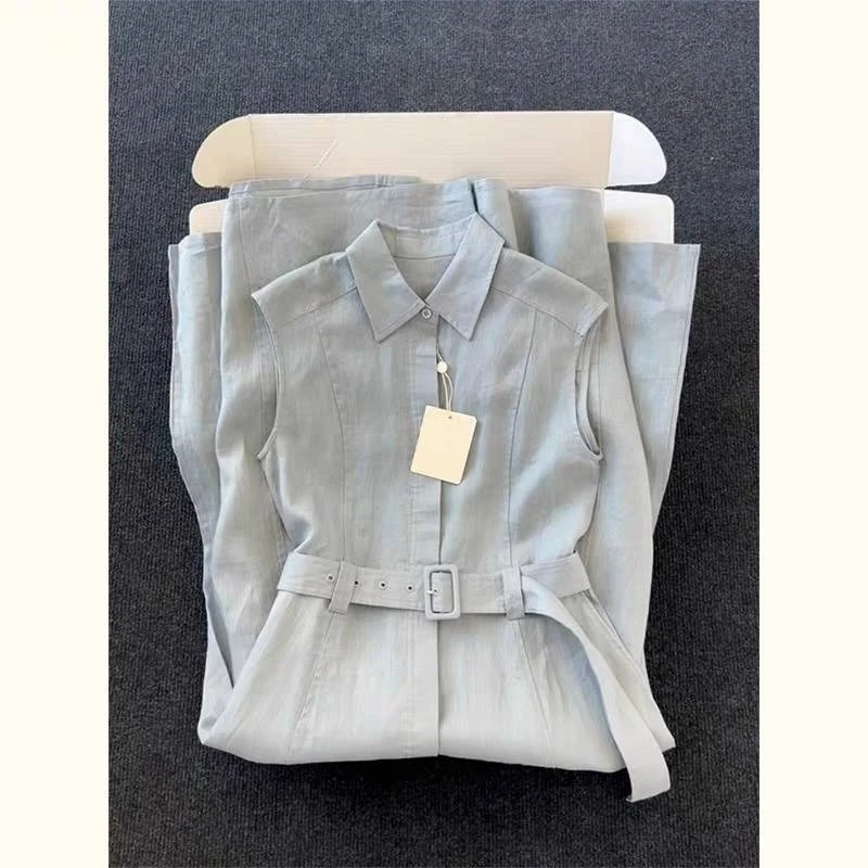 夏エレガントな女性の新しいブルースリネンシャツドレスベルト Sleevelsss ハイウエスト A ラインカジュアルドレスミディ Vestidos T145