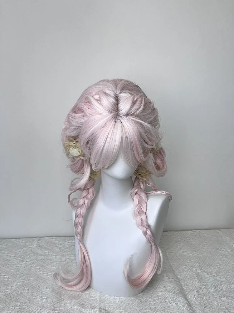 Roze pruik, lang haar, kunstmatig gesimuleerd haar anime spelaccessoires, cosplay, volledig hoofddeksel, krullend haar, fotoshow rekwisieten