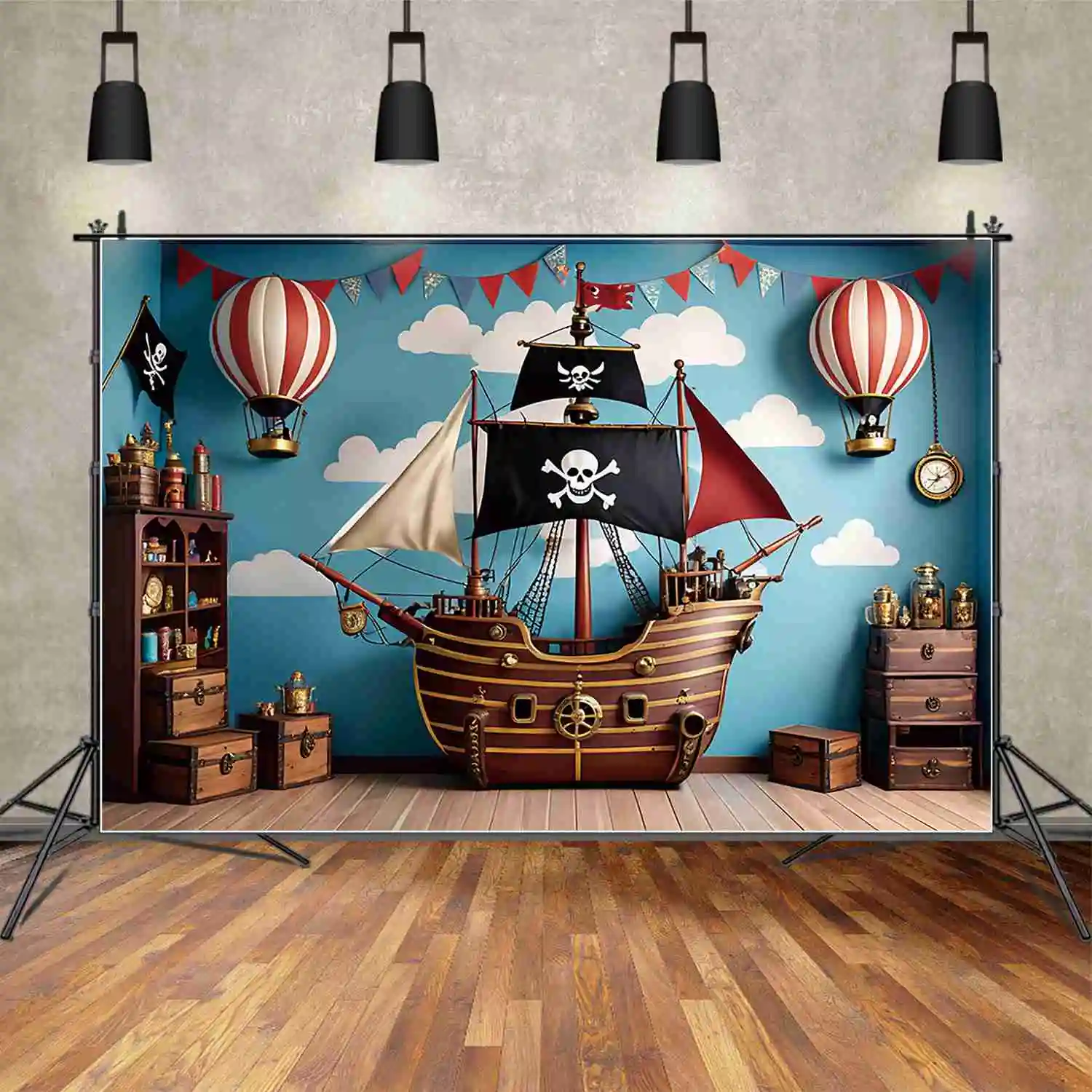 

MOON.QG Pirate Ship Birthday Year Background Boy Hot Air Balloon Indoor Treasure Box Backdrop Custom Party Photocall Accessories