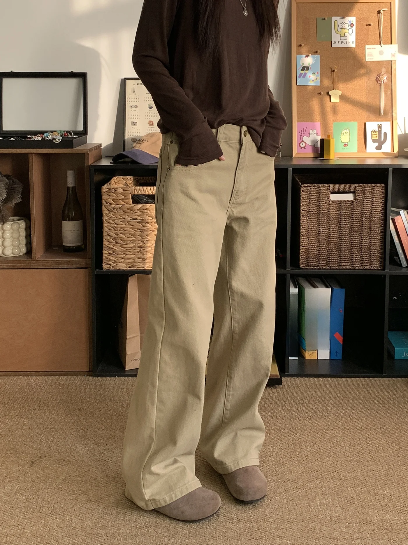 

Свободные брюки с высокой талией, прямые джинсовые брюки цвета хаки, женские осенне-зимние повседневные длинные брюки Faion, рабочая одежда Sle