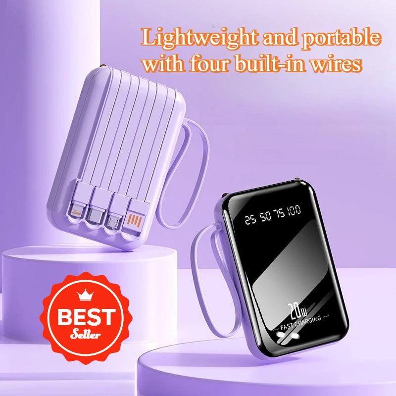 Mini Large Capacity Built-in Cable Power Bank 20000mAh Fast Charging Digital Display Portable Shared Mobile Power Source