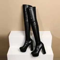 Thick Heels Over The Knee Boots Women Super High Heel Half Zipper Thigh High Boots Goth Platforms Round Toe Shoes Woman