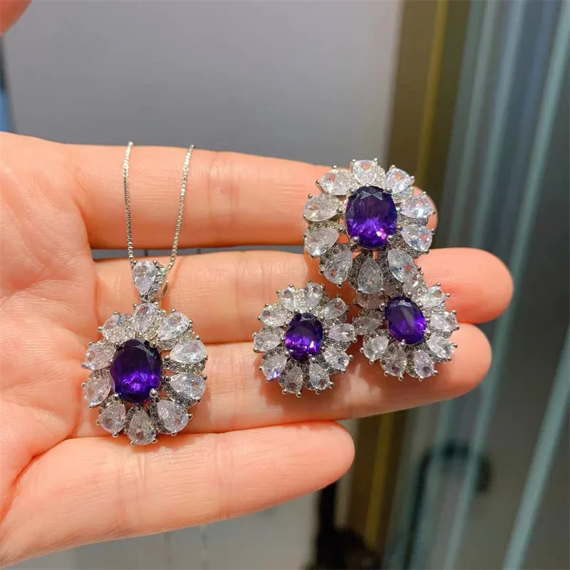 Luxury 925 Sterling Silver Oval 5ct Purple crystal Gemstone Rings Earrings Necklace Jewelry Sets for Women Wedding Bridal