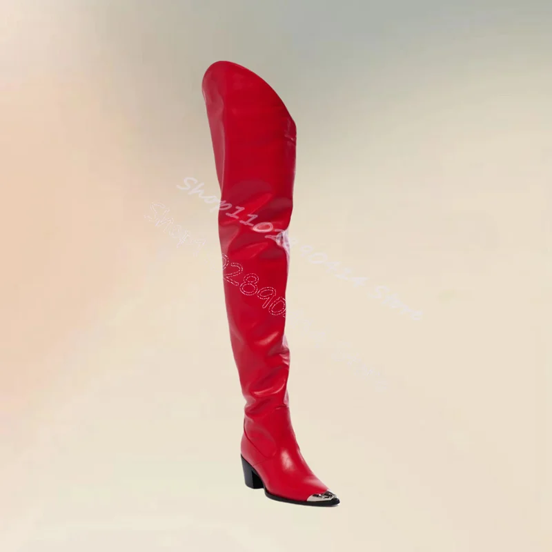 Metal Pointed Toe Red Thigh High Boots Side Zipper Women Shoes Chunky High Heels Fashion Party Banquet 2024 Zapatos Para Mujere