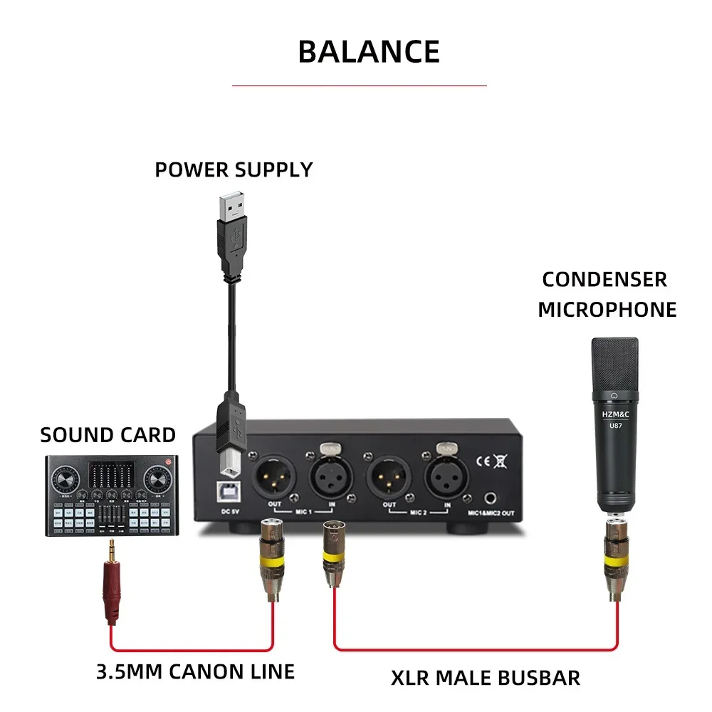 USB Dual Mixed Output Phantom Power Supply 48V Metal per microfoni a condensatore apparecchiature di registrazione musicale