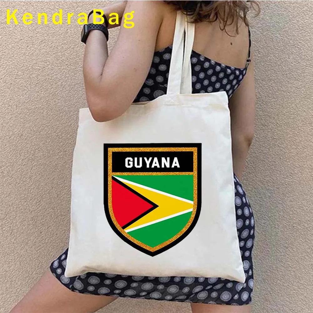 Guyana Map Heart Guyanese Flag Coat of Arms Patriotic Gift Round Emblem Canvas Shoulder Tote Bag Harajuku Shopper Cotton Handbag