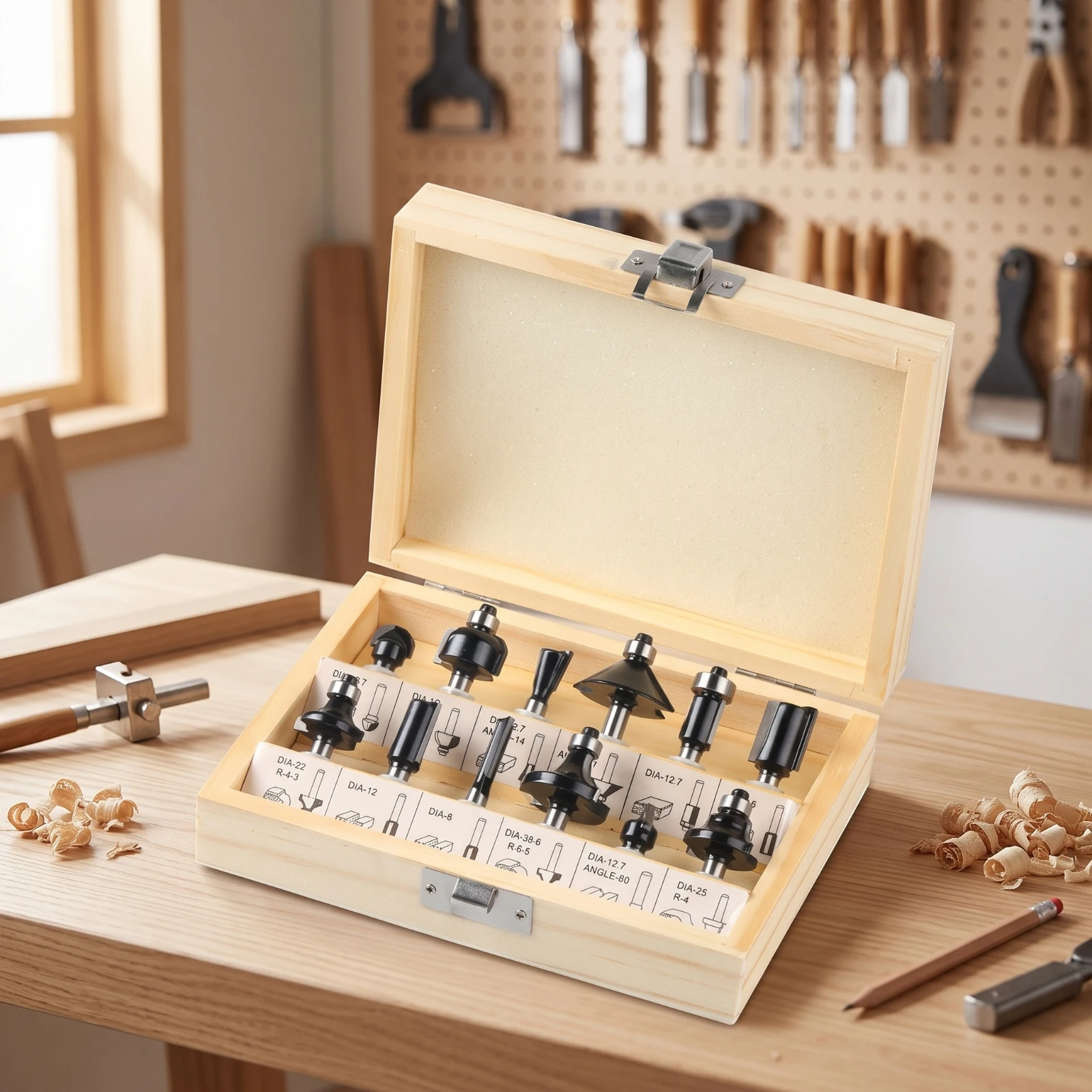 12 Pieces Router Bit Set with Wooden Storage Case Sharp Router Bit Set with Wooden Case Tool Accurate Versatile for Woodworkers view 4