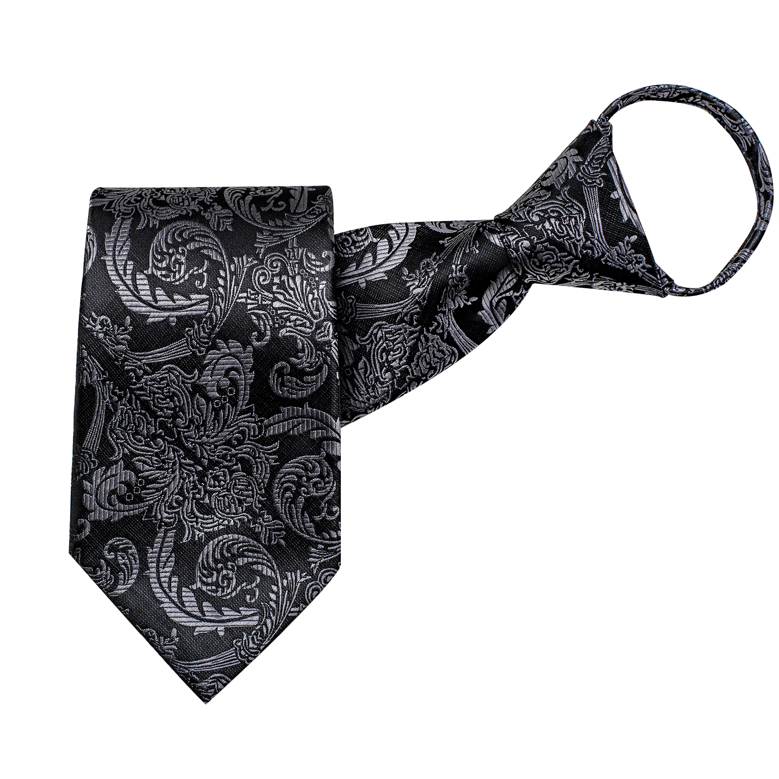 Black Gray Paisley Pre-tied Zipper Necktie For Men Wedding Casual Jacquard Tie Set Handkerchief Cufflinks